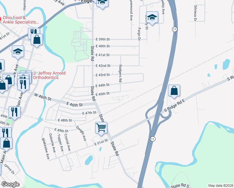 map of restaurants, bars, coffee shops, grocery stores, and more near 2042 East 45th Street in Ashtabula
