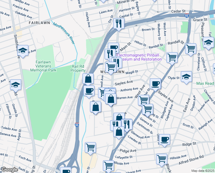 map of restaurants, bars, coffee shops, grocery stores, and more near 18 Vale Street in Pawtucket