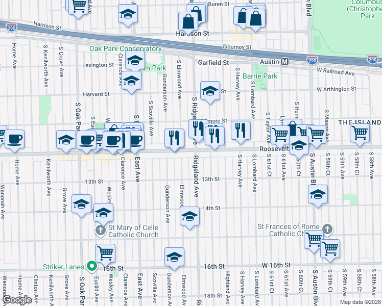 map of restaurants, bars, coffee shops, grocery stores, and more near 6405 Roosevelt Road in Berwyn