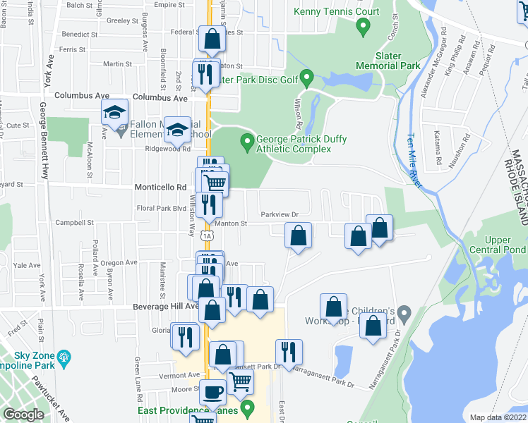 map of restaurants, bars, coffee shops, grocery stores, and more near 64 Parkview Drive in Pawtucket