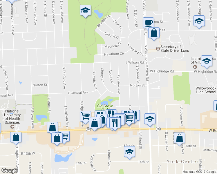 map of restaurants, bars, coffee shops, grocery stores, and more near 1067 Cherry Lane in Lombard