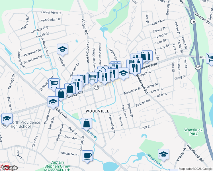 map of restaurants, bars, coffee shops, grocery stores, and more near 1488 Mineral Spring Avenue in North Providence