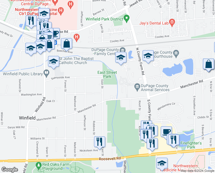map of restaurants, bars, coffee shops, grocery stores, and more near 351 East Street in Winfield