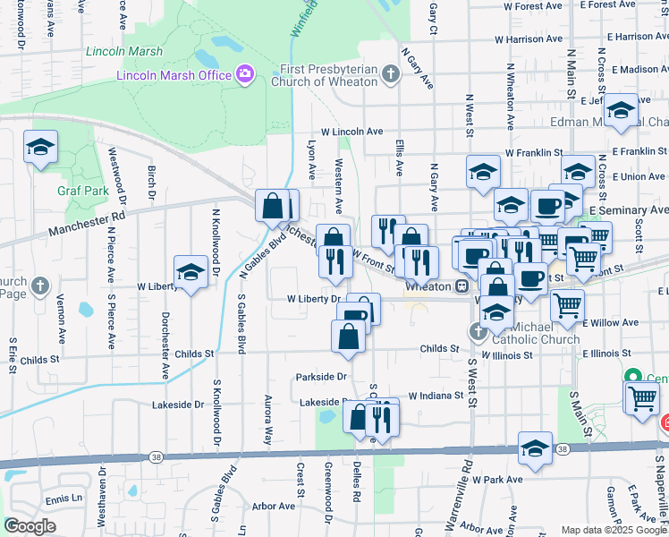 map of restaurants, bars, coffee shops, grocery stores, and more near 100 Bridge Street in Wheaton