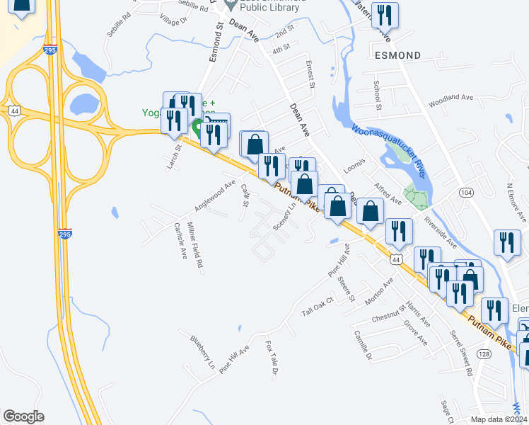map of restaurants, bars, coffee shops, grocery stores, and more near 17 Scenery Lane in Johnston