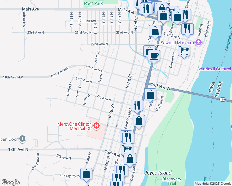 map of restaurants, bars, coffee shops, grocery stores, and more near North 4th Street in Clinton