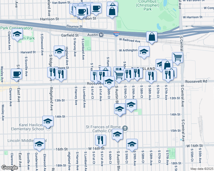 map of restaurants, bars, coffee shops, grocery stores, and more near 6027 West Roosevelt Road in Cicero