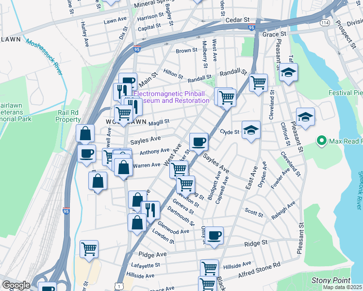 map of restaurants, bars, coffee shops, grocery stores, and more near 11 Walker Street in Pawtucket