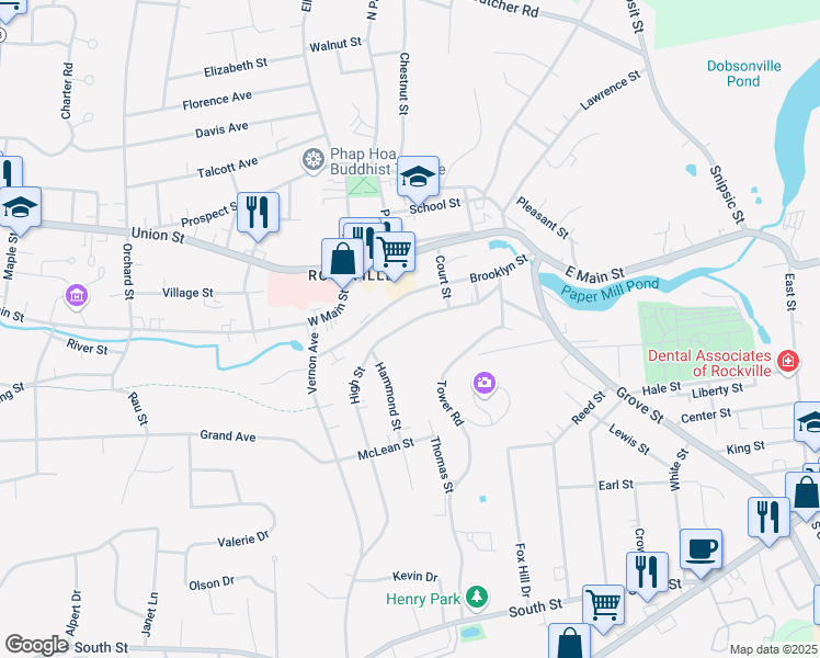 map of restaurants, bars, coffee shops, grocery stores, and more near 57 High Ridge Drive in Vernon