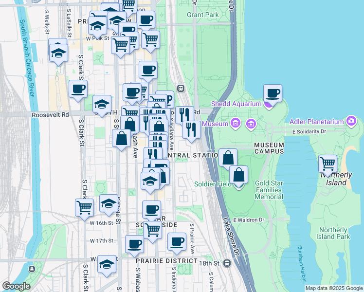 map of restaurants, bars, coffee shops, grocery stores, and more near 1334 South Prairie Avenue in Chicago