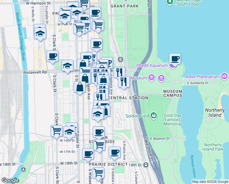 map of restaurants, bars, coffee shops, grocery stores, and more near 1344 South Indiana Parkway in Chicago