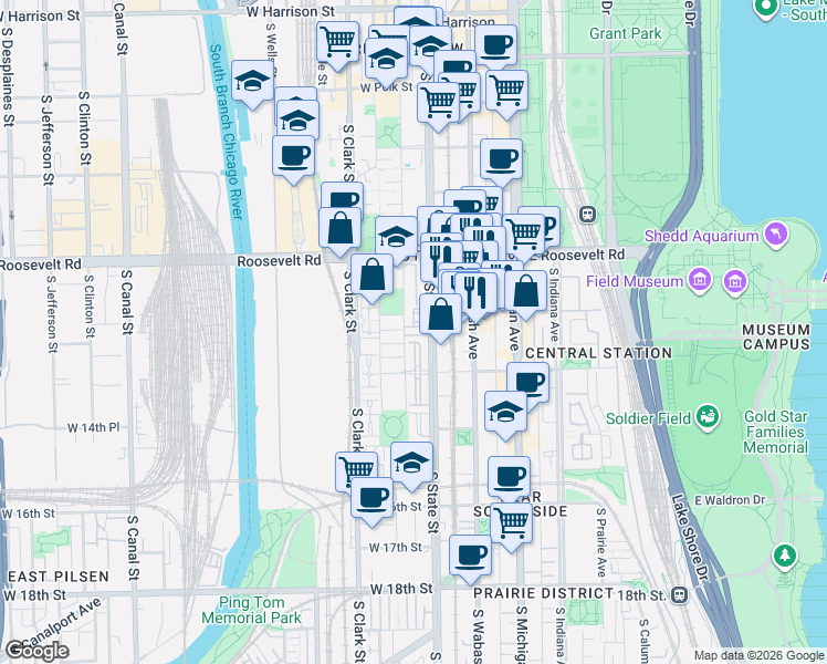 map of restaurants, bars, coffee shops, grocery stores, and more near 1322 South Plymouth Court in Chicago
