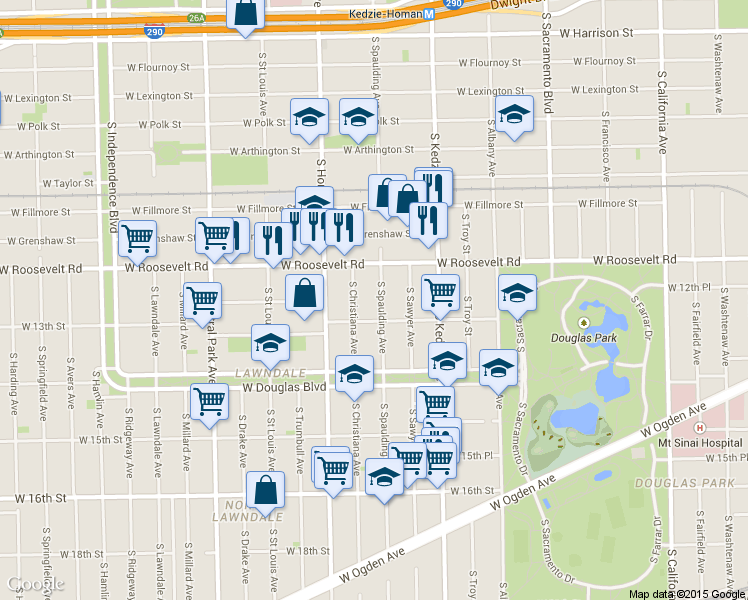 map of restaurants, bars, coffee shops, grocery stores, and more near 1243 South Spaulding Avenue in Chicago