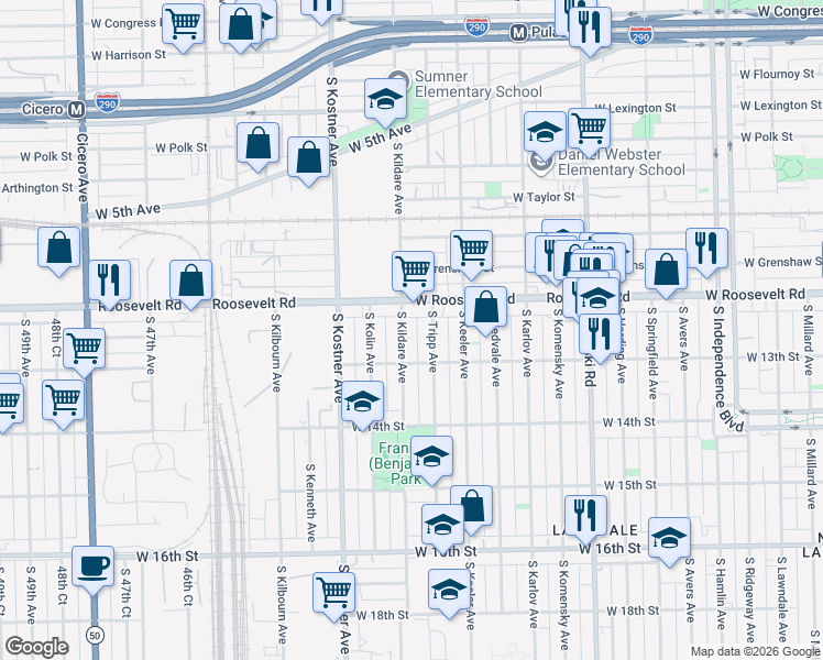 map of restaurants, bars, coffee shops, grocery stores, and more near 1237 South Kildare Avenue in Chicago