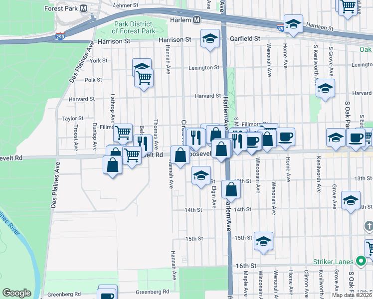 map of restaurants, bars, coffee shops, grocery stores, and more near 7305 Roosevelt Road in Forest Park