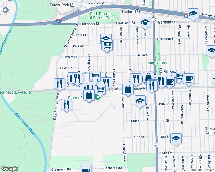 map of restaurants, bars, coffee shops, grocery stores, and more near 7503 Roosevelt Road in Forest Park