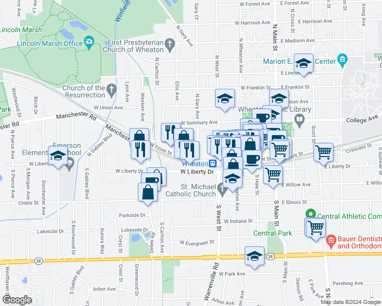 map of restaurants, bars, coffee shops, grocery stores, and more near 523 West Front Street in Wheaton