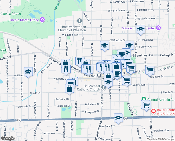 map of restaurants, bars, coffee shops, grocery stores, and more near 523 West Front Street in Wheaton