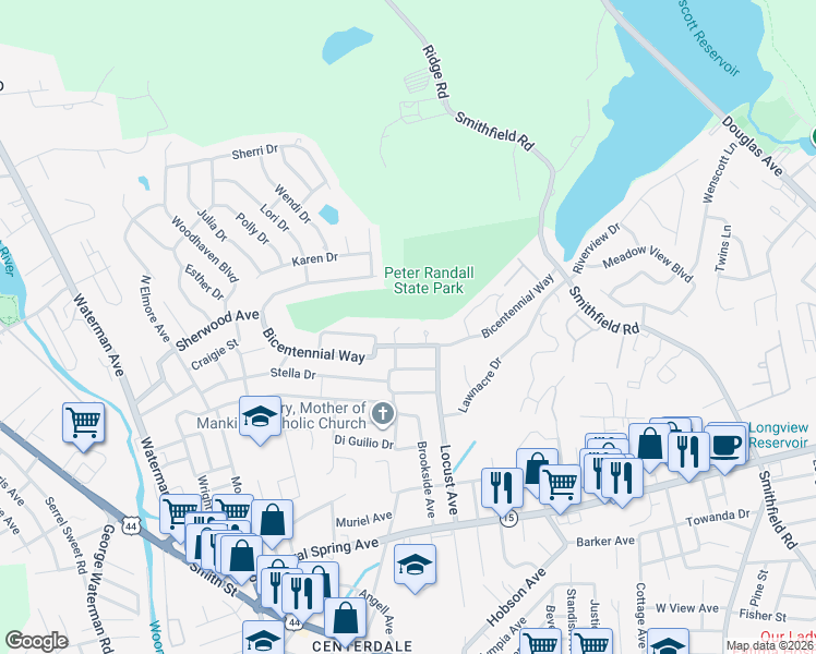 map of restaurants, bars, coffee shops, grocery stores, and more near 8 Century Circle in North Providence