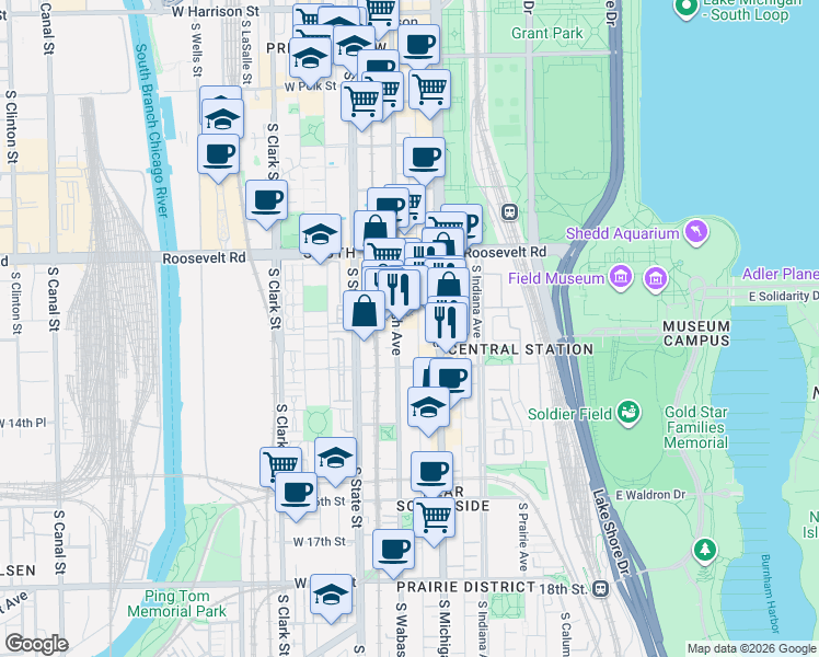 map of restaurants, bars, coffee shops, grocery stores, and more near 1327 South Wabash Avenue in Chicago