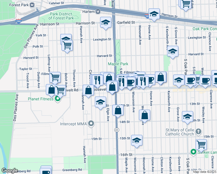 map of restaurants, bars, coffee shops, grocery stores, and more near in Forest Park