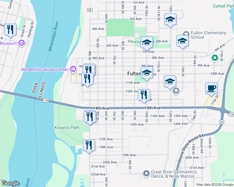 map of restaurants, bars, coffee shops, grocery stores, and more near 704 12th Avenue in Fulton