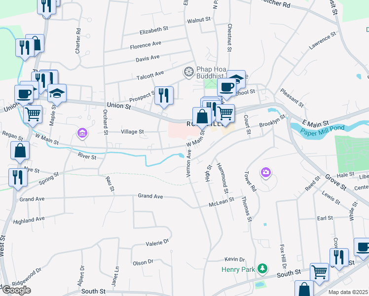 map of restaurants, bars, coffee shops, grocery stores, and more near 83 West Main Street in Vernon