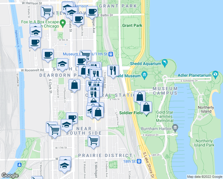 map of restaurants, bars, coffee shops, grocery stores, and more near 1334 South Prairie Avenue in Chicago