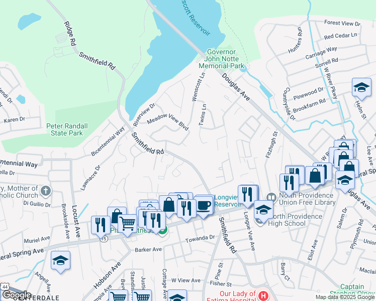 map of restaurants, bars, coffee shops, grocery stores, and more near 2 Orchard Lane in North Providence