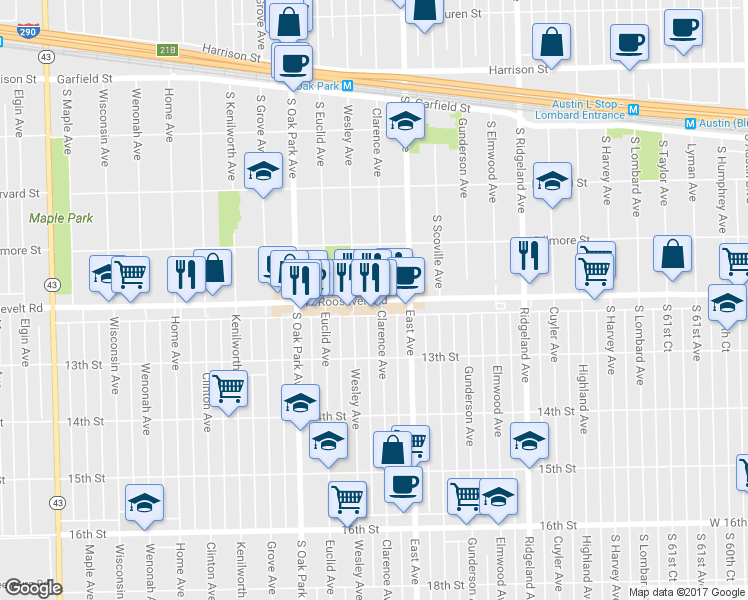 map of restaurants, bars, coffee shops, grocery stores, and more near 6643 W Roosevelt Rd in Berwyn