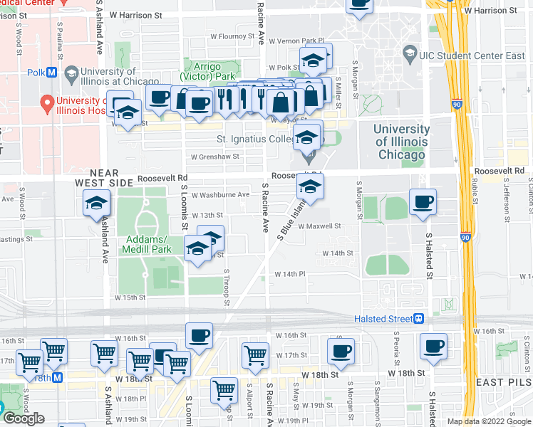 map of restaurants, bars, coffee shops, grocery stores, and more near South Racine Avenue in Chicago