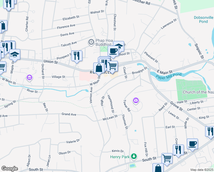map of restaurants, bars, coffee shops, grocery stores, and more near 79 Brooklyn Street in Vernon