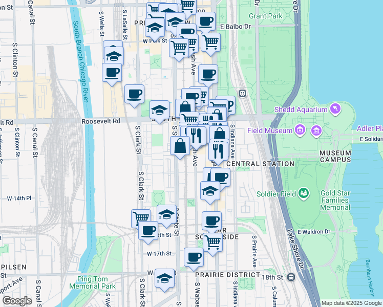 map of restaurants, bars, coffee shops, grocery stores, and more near 1327 South Wabash Avenue in Chicago