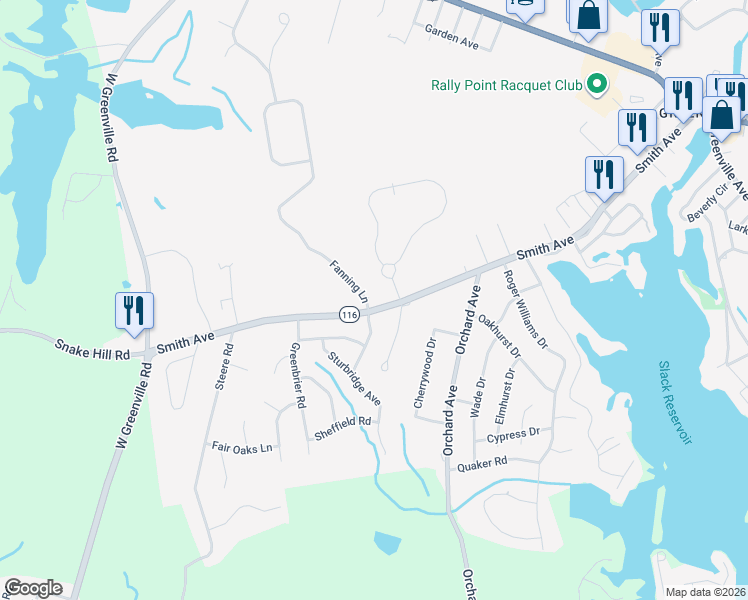 map of restaurants, bars, coffee shops, grocery stores, and more near 91 Smith Avenue in Smithfield