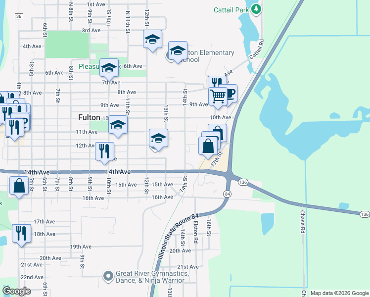 map of restaurants, bars, coffee shops, grocery stores, and more near 1217 14th Street in Fulton