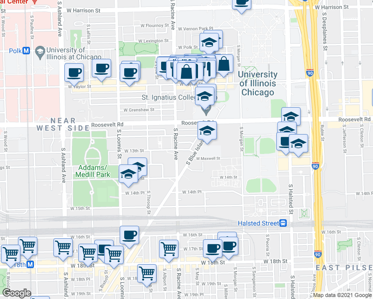 map of restaurants, bars, coffee shops, grocery stores, and more near 1138 West 13th Street in Chicago