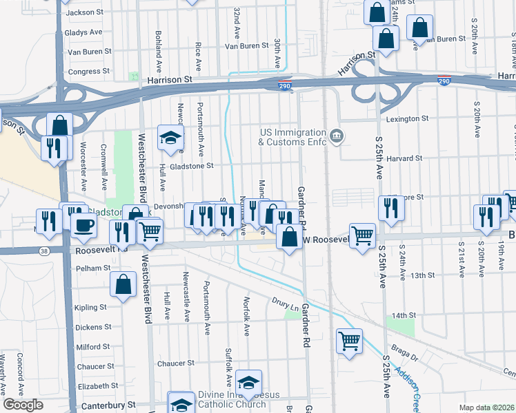 map of restaurants, bars, coffee shops, grocery stores, and more near 1102 Manchester Avenue in Westchester