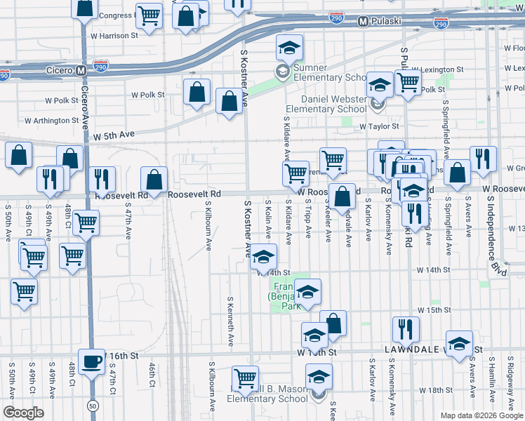 map of restaurants, bars, coffee shops, grocery stores, and more near 1235 South Kolin Avenue in Chicago