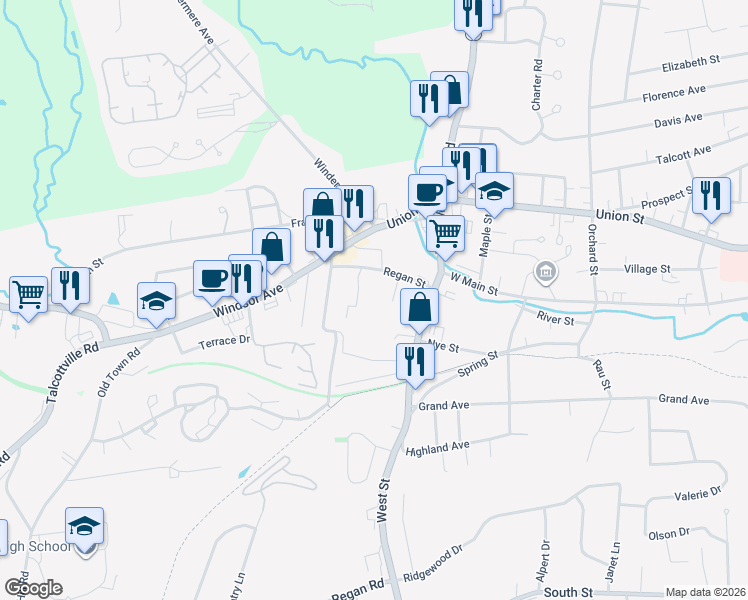 map of restaurants, bars, coffee shops, grocery stores, and more near 17 Regan Street in Vernon