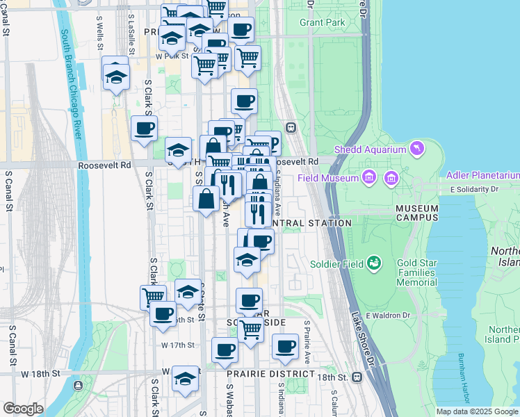 map of restaurants, bars, coffee shops, grocery stores, and more near 1307 Michigan Avenue in Chicago
