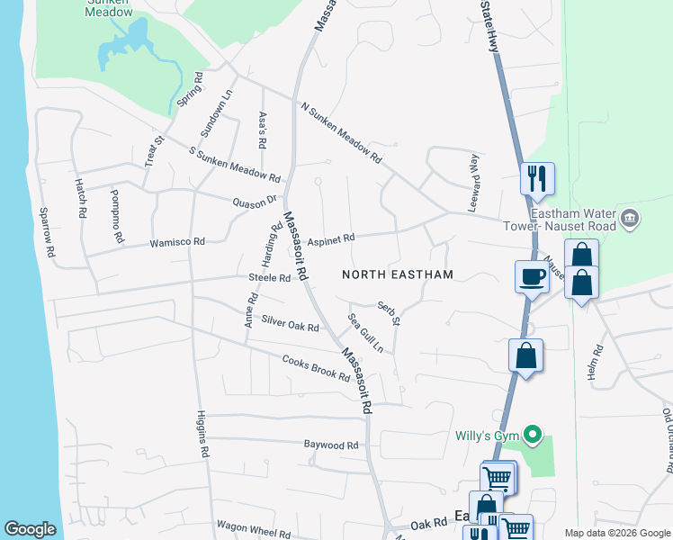 map of restaurants, bars, coffee shops, grocery stores, and more near 215 Serb Street in Eastham