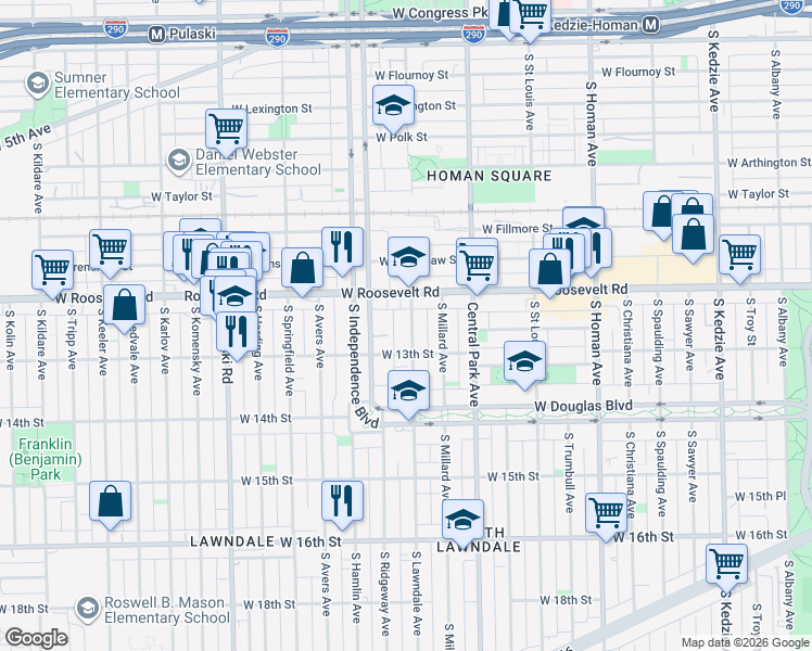 map of restaurants, bars, coffee shops, grocery stores, and more near 1230 South Lawndale Avenue in Chicago