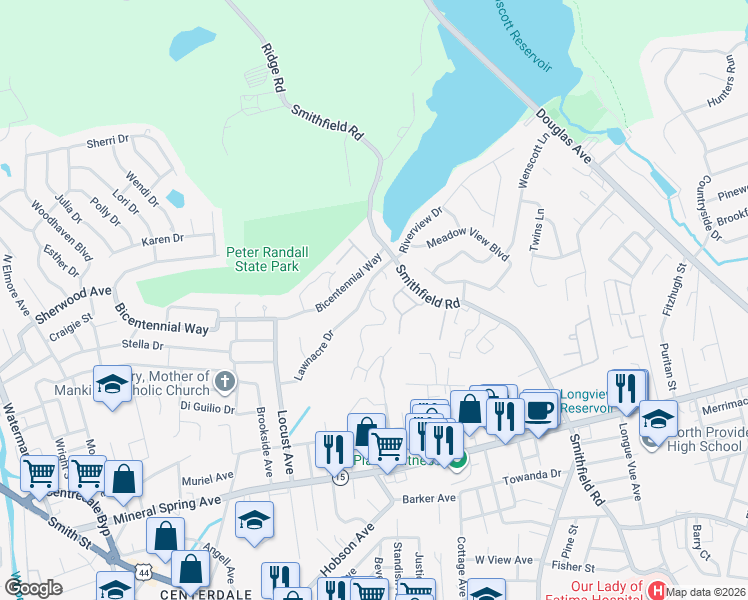 map of restaurants, bars, coffee shops, grocery stores, and more near 32 Lawnacre Drive in North Providence