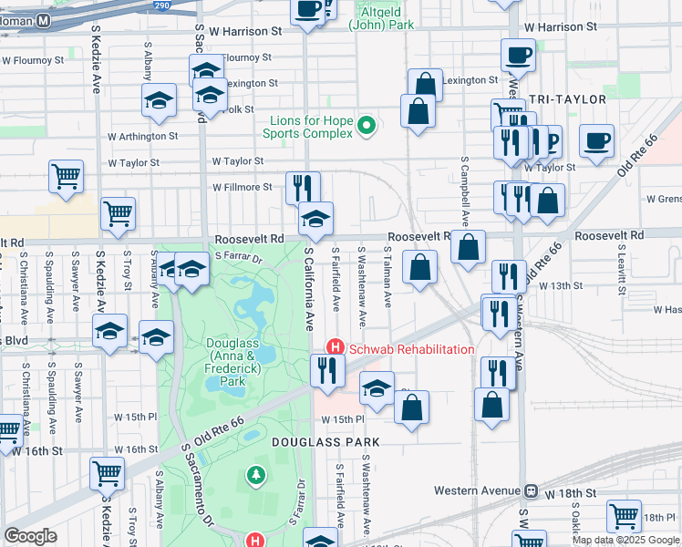 map of restaurants, bars, coffee shops, grocery stores, and more near 1253 South Fairfield Avenue in Chicago