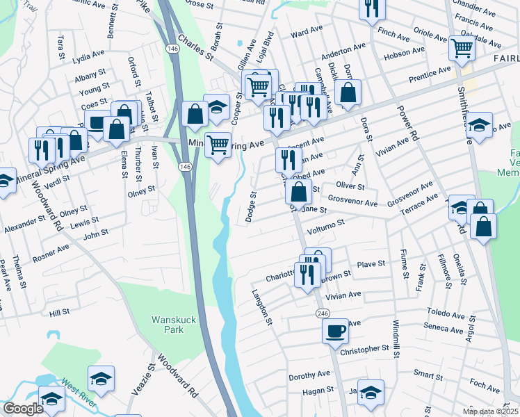 map of restaurants, bars, coffee shops, grocery stores, and more near 119 Jane Street in North Providence