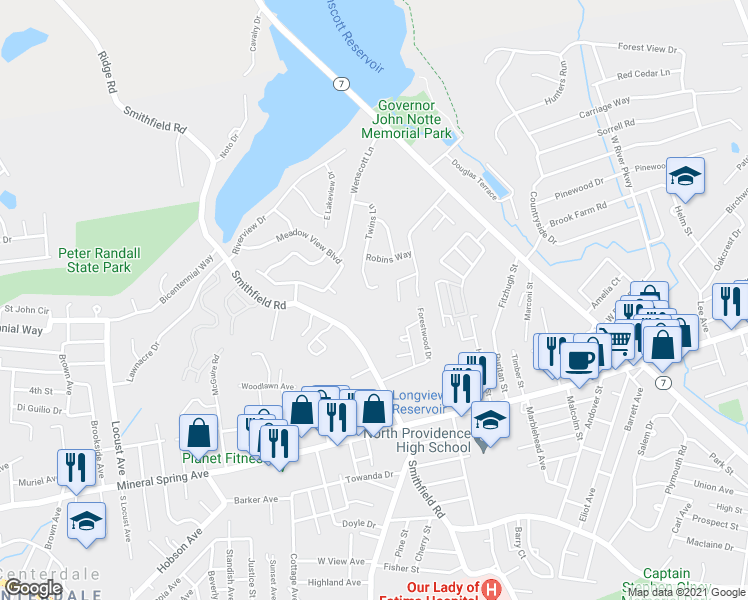 map of restaurants, bars, coffee shops, grocery stores, and more near 565 Smithfield Road in North Providence