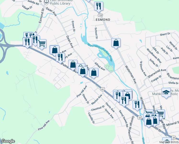map of restaurants, bars, coffee shops, grocery stores, and more near 1 Roosevelt Avenue in Johnston