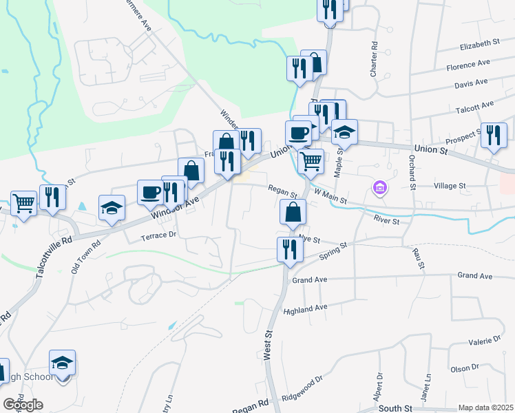 map of restaurants, bars, coffee shops, grocery stores, and more near 17 Regan Street in Vernon
