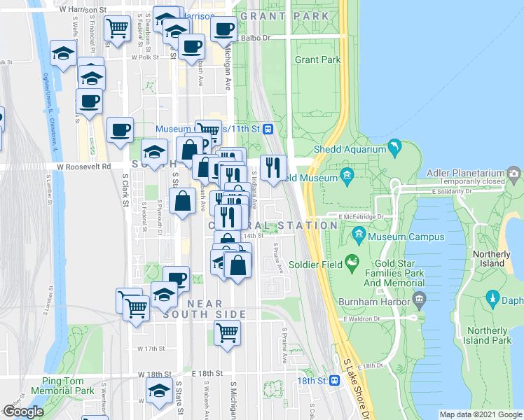 map of restaurants, bars, coffee shops, grocery stores, and more near 1344 South Indiana Parkway in Chicago