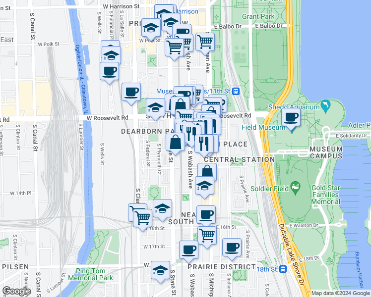 map of restaurants, bars, coffee shops, grocery stores, and more near 1327 South Wabash Avenue in Chicago